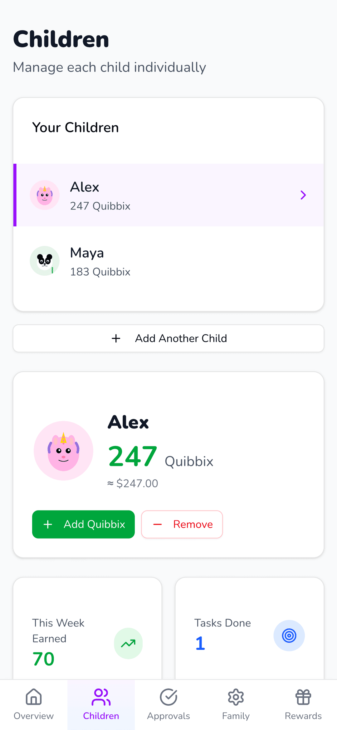 Parent view: award Quibbix to your child