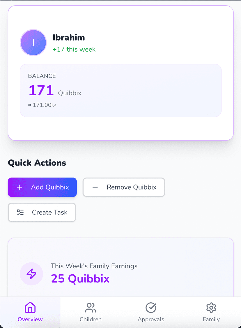 Parent dashboard with Add Quibbix button